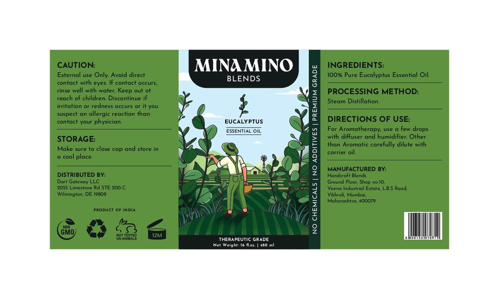 Minamino Blends eucalyptus bottle closeup showing purity and quality