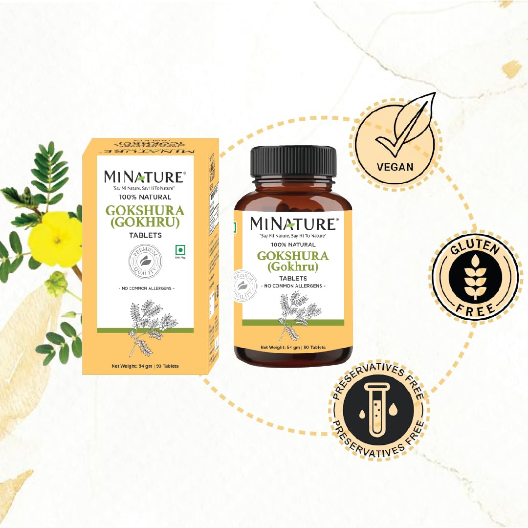 Minature Gokshura tablets – gluten-free label on bottle emphasizing purity and natural ingredients.