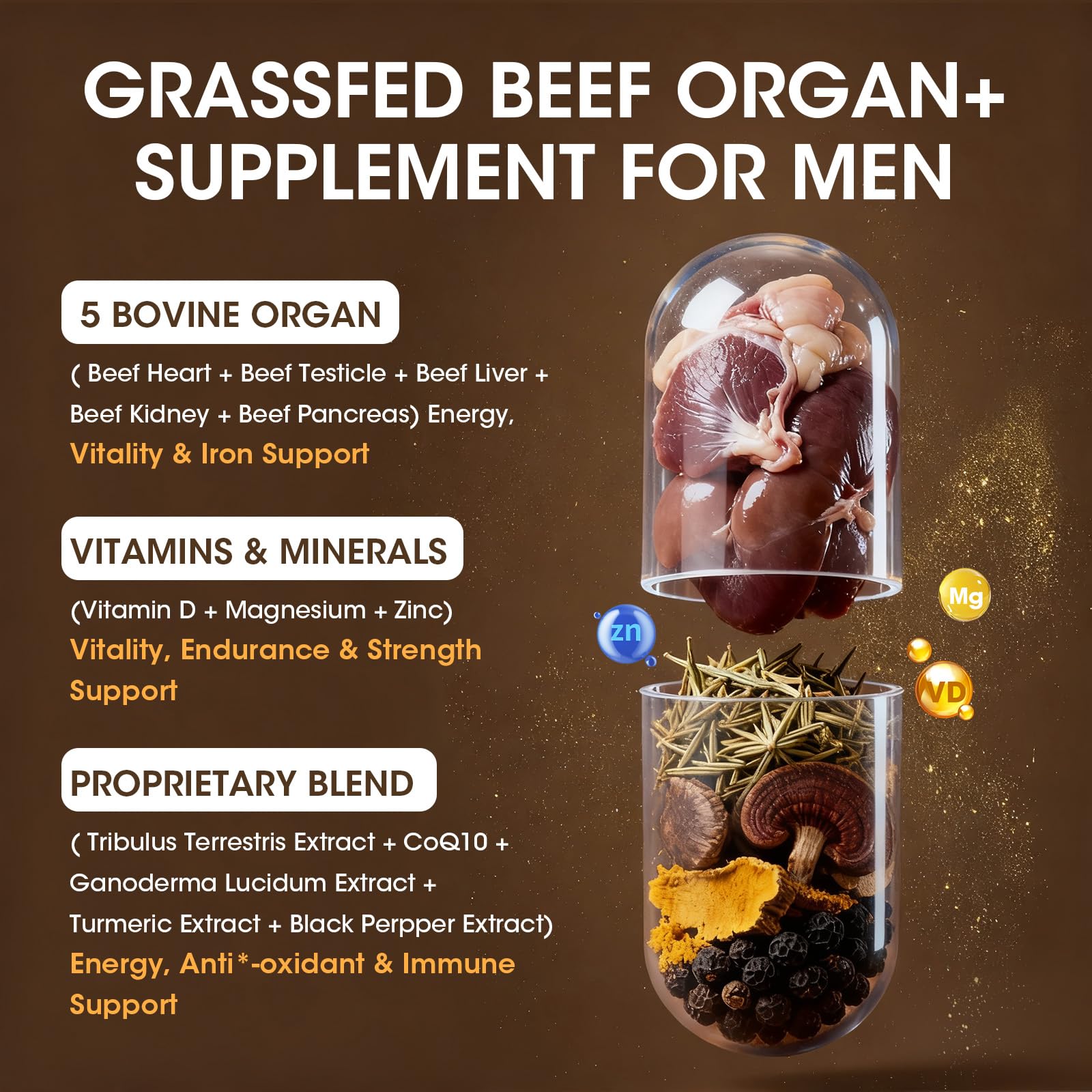 Close-up of Minch beef liver capsules emphasizing immune support and energy