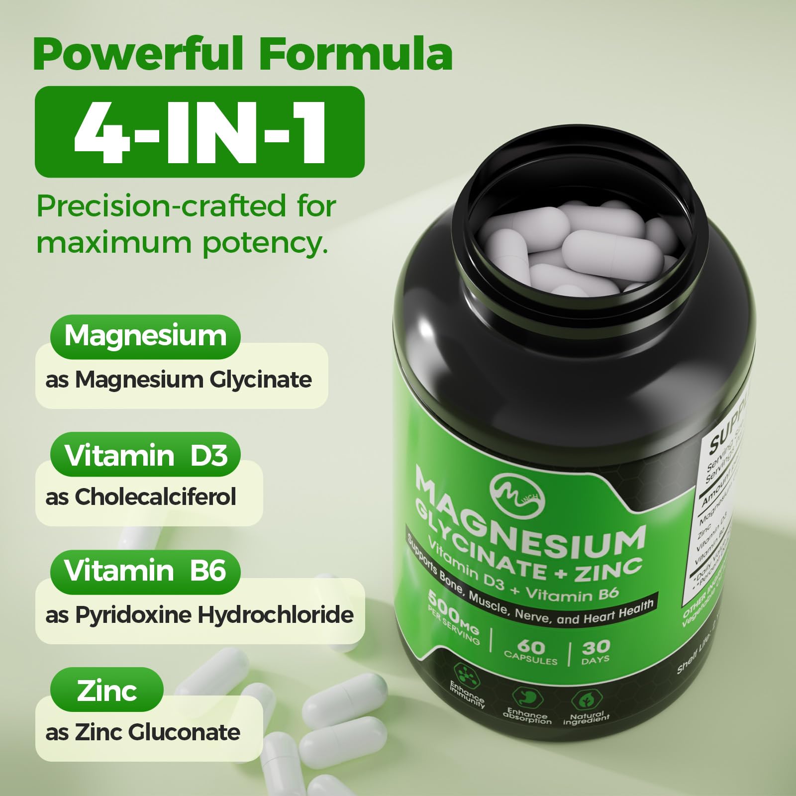 Minch bottle label zoom highlights zinc and vitamins D3 and B6 for daily support