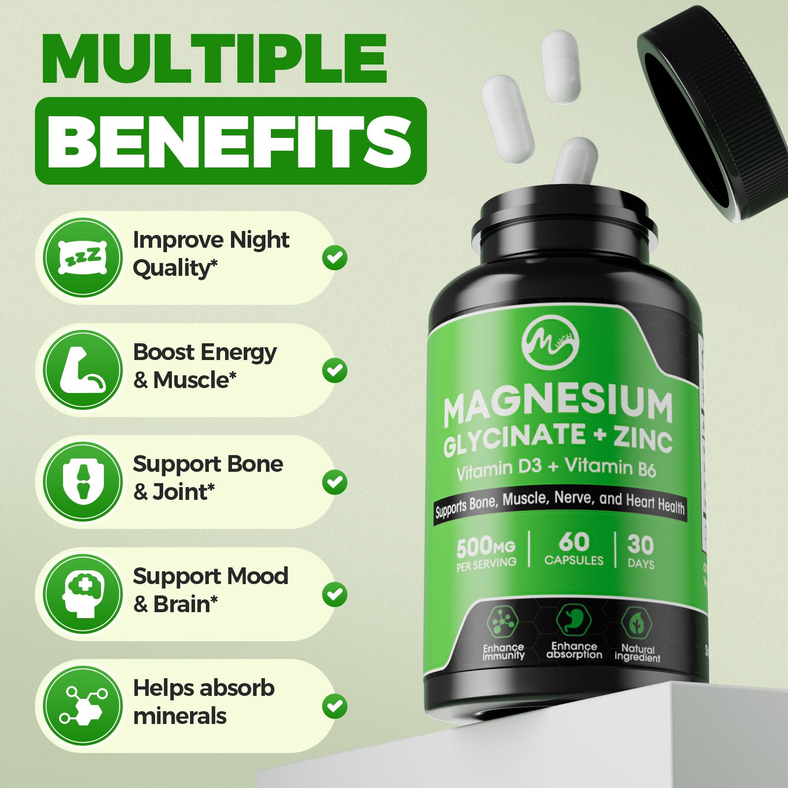 Minch capsules close-up displaying high-absorption magnesium glycinate
