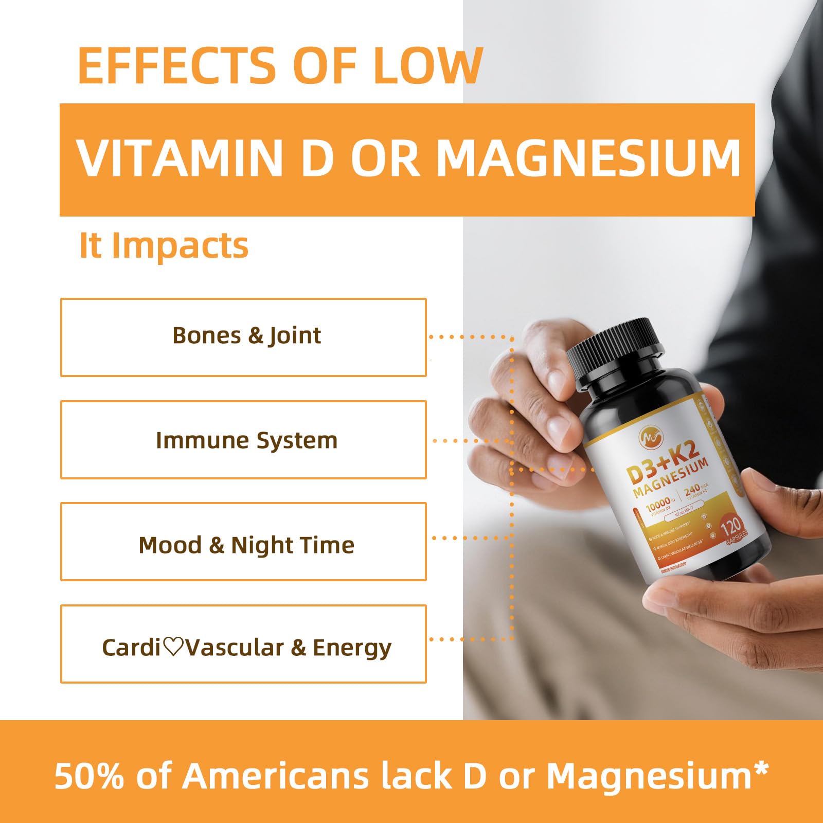 M inch label packaging highlights vegan-friendly D3 K2 magnesium formula.