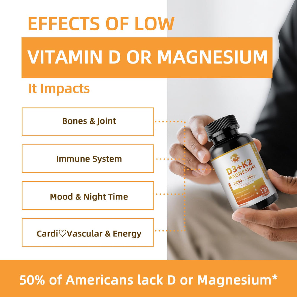 M inch label packaging highlights vegan-friendly D3 K2 magnesium formula.