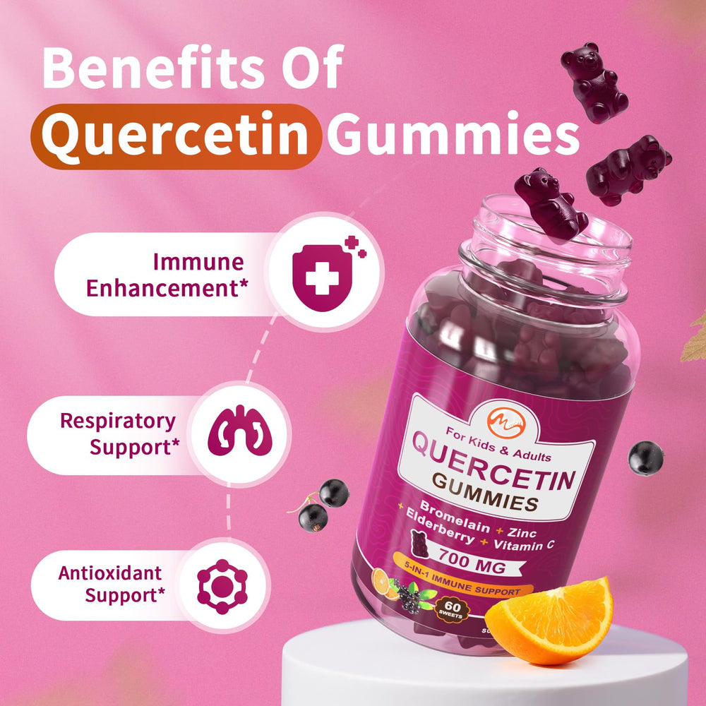Minch Quercetin Gummies bottle open pour emphasizes easy chewable texture