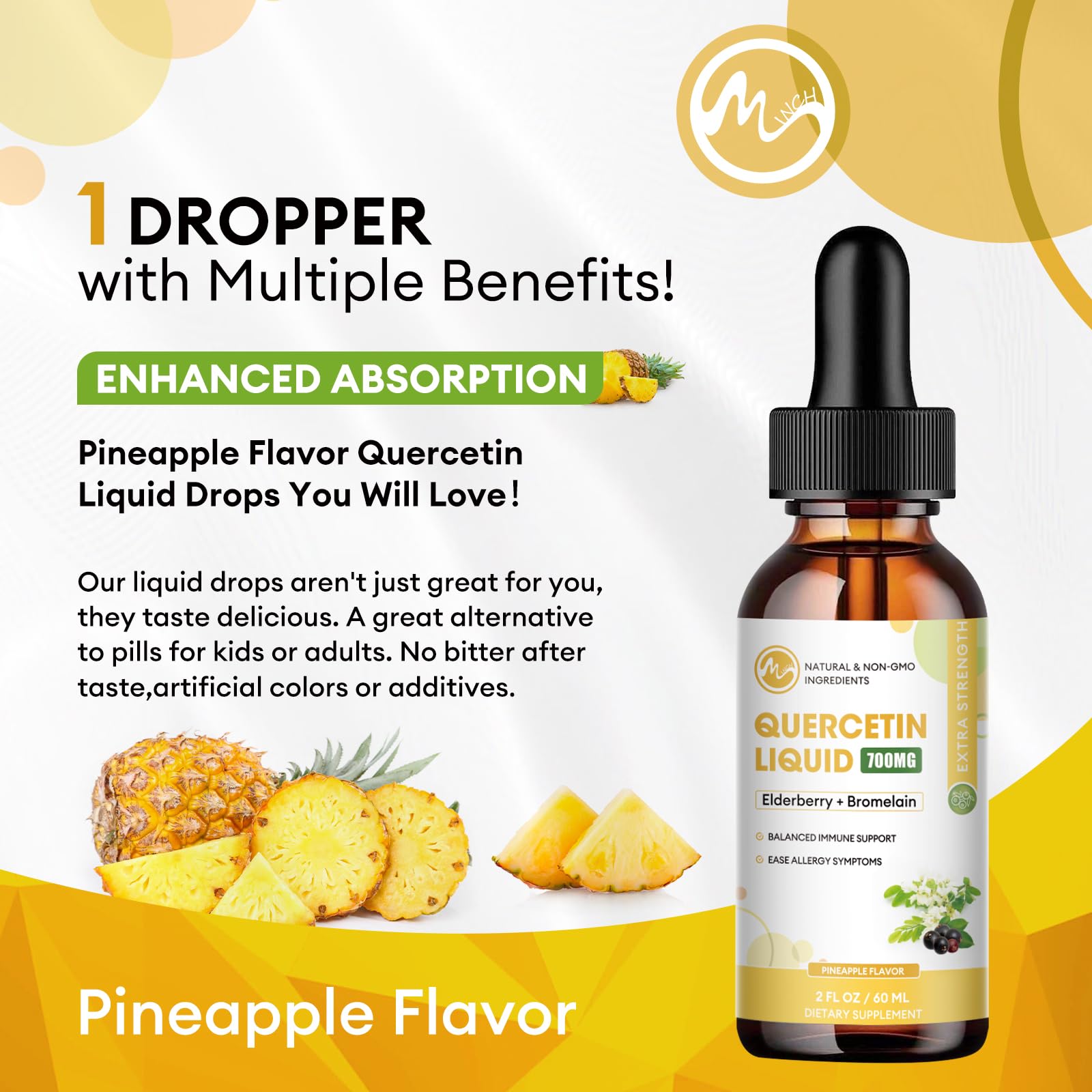 M inch Quercetin Liquid Drops with bromelain and elderberry ingredients.