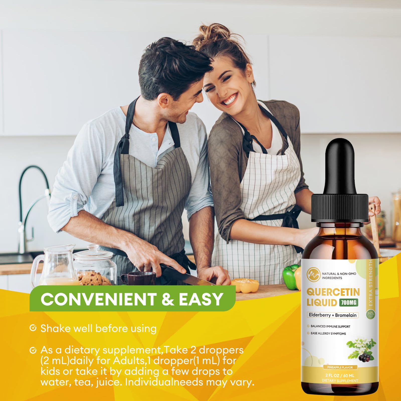 M inch Quercetin Liquid Drops vegan and non-GMO packaging details.