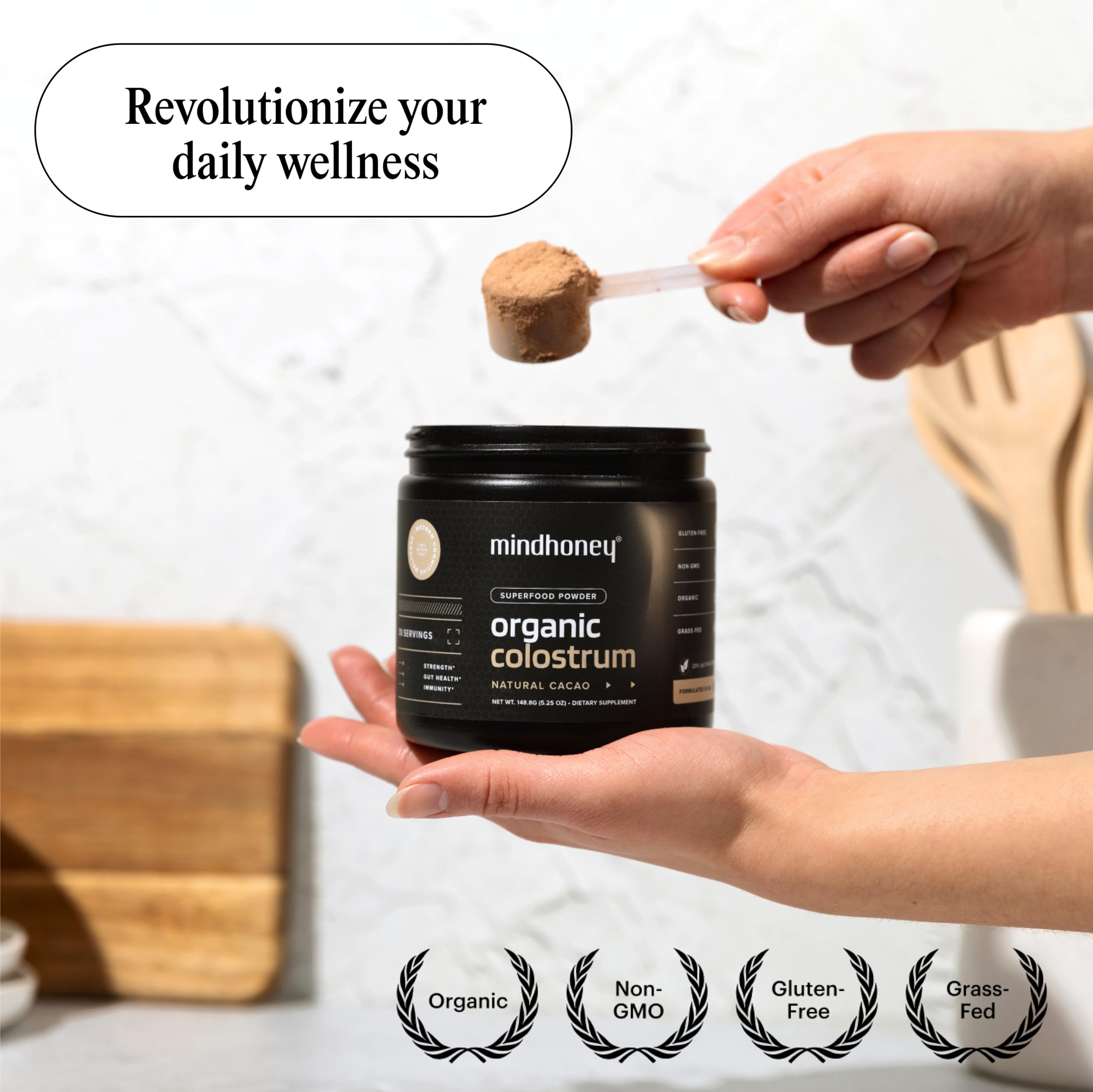 MINDHONEY athletic-recovery serving shown with water bottle suggests post-workout refreshment.