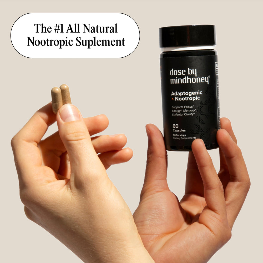 Mindhoney DOSE bottle with glass illustrating convenient daily focus on the go.