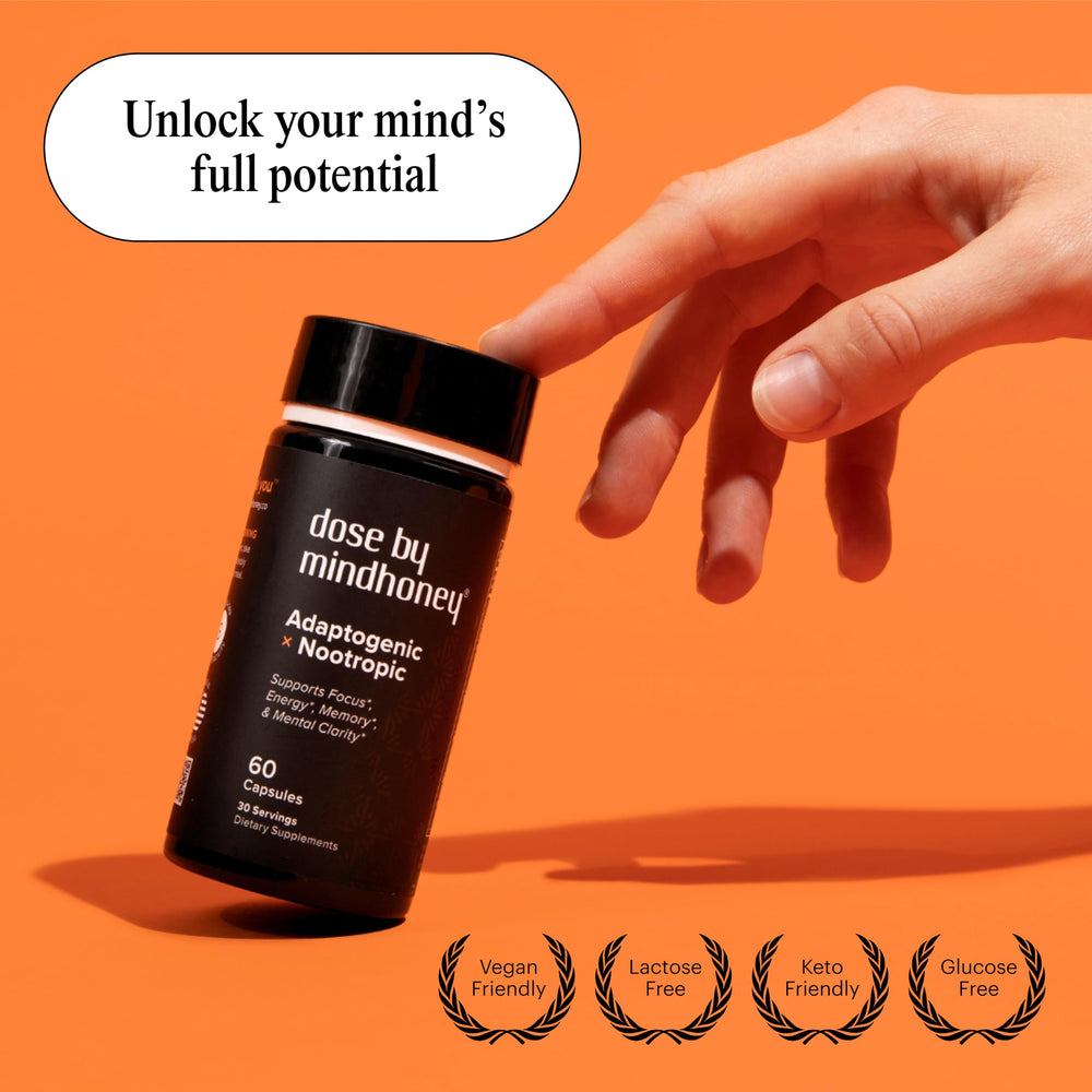 Mindhoney DOSE packaging box showcasing premium blend for cognitive support.