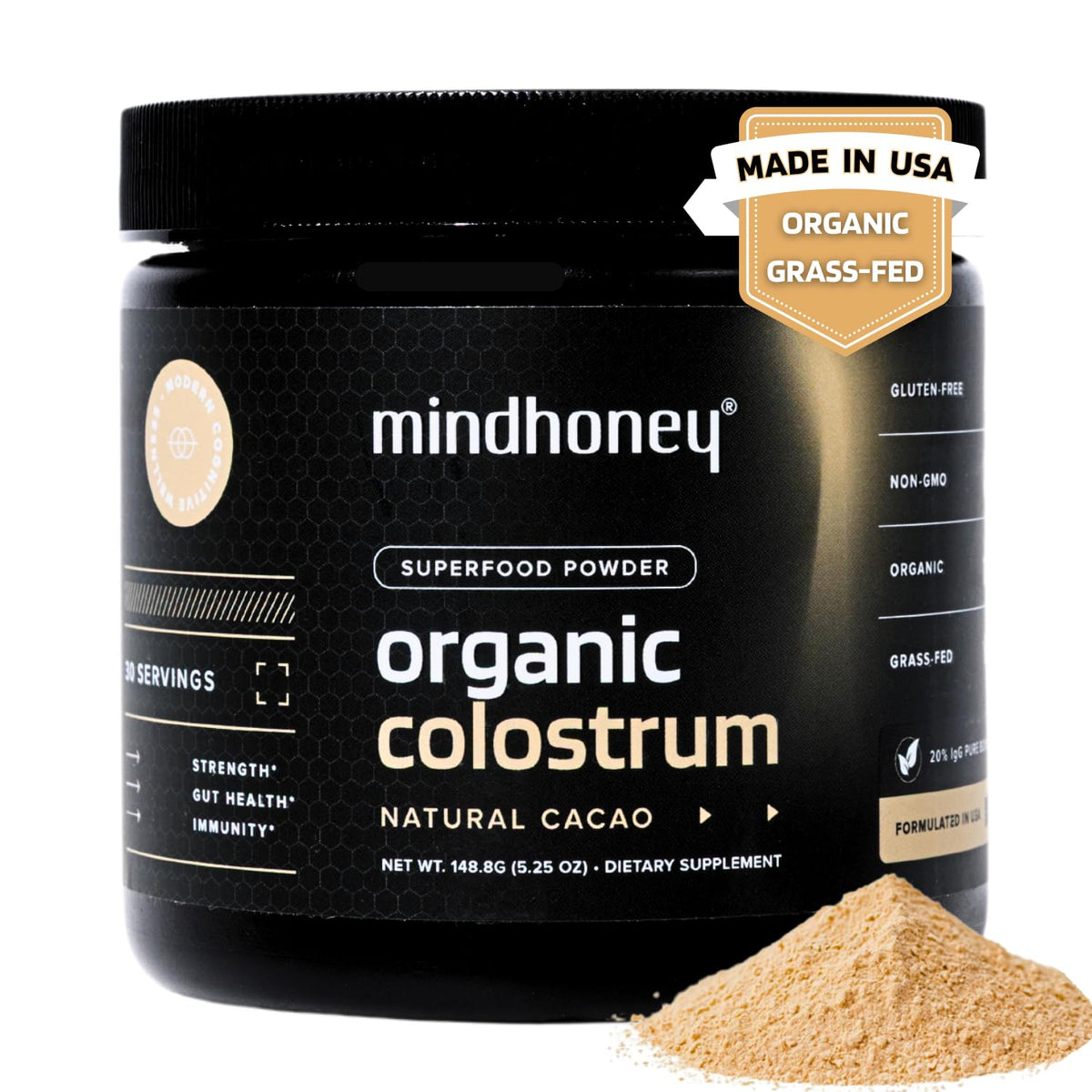MINDHONEY Organic Colostrum chocolate powder jar for daily smoothies and flavorful nutrition.