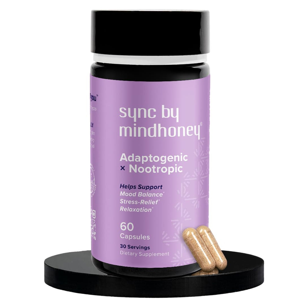 MINDHONEY SYNC bottle front view promoting daily mood balance and relaxation.