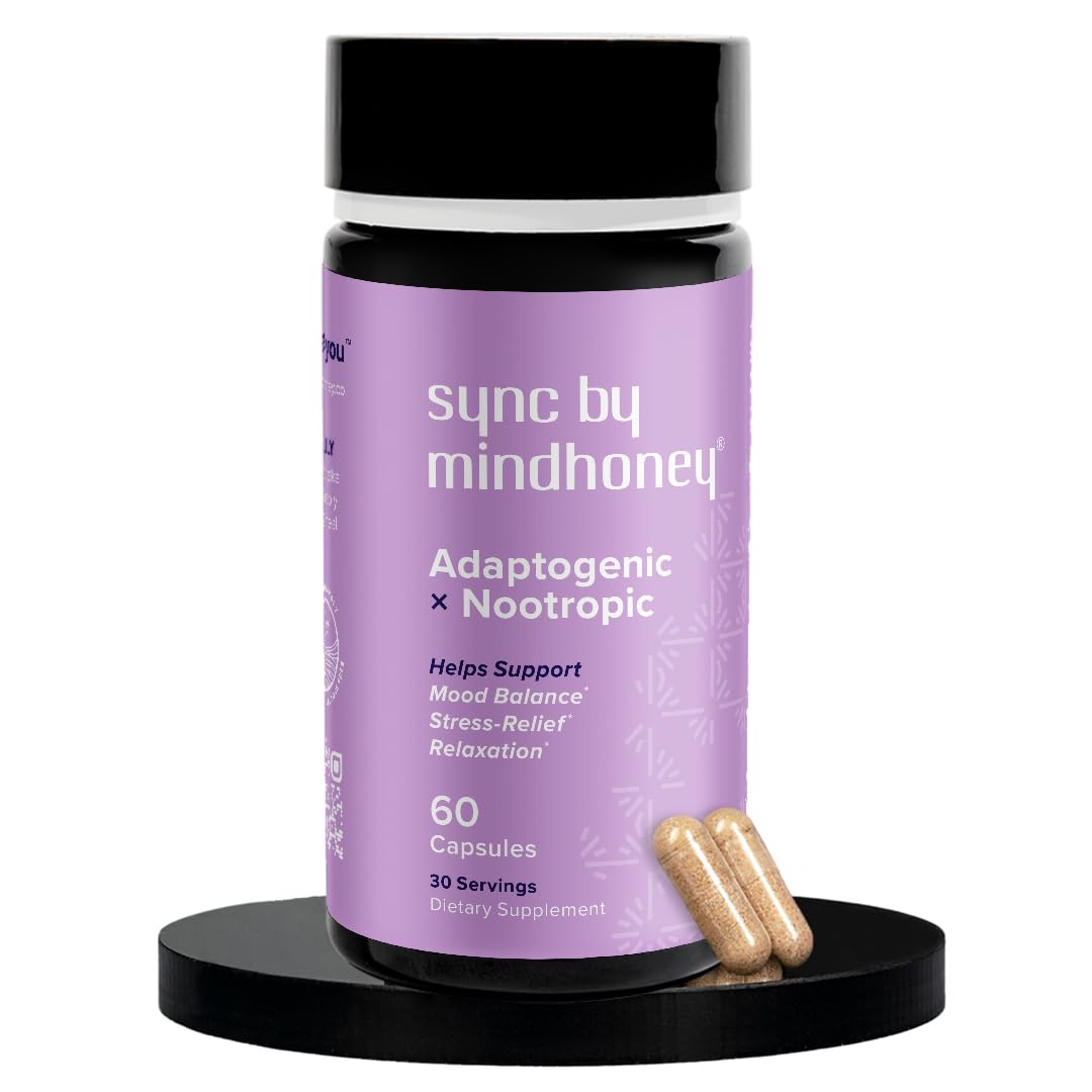 MINDHONEY SYNC bottle front view promoting daily mood balance and relaxation.