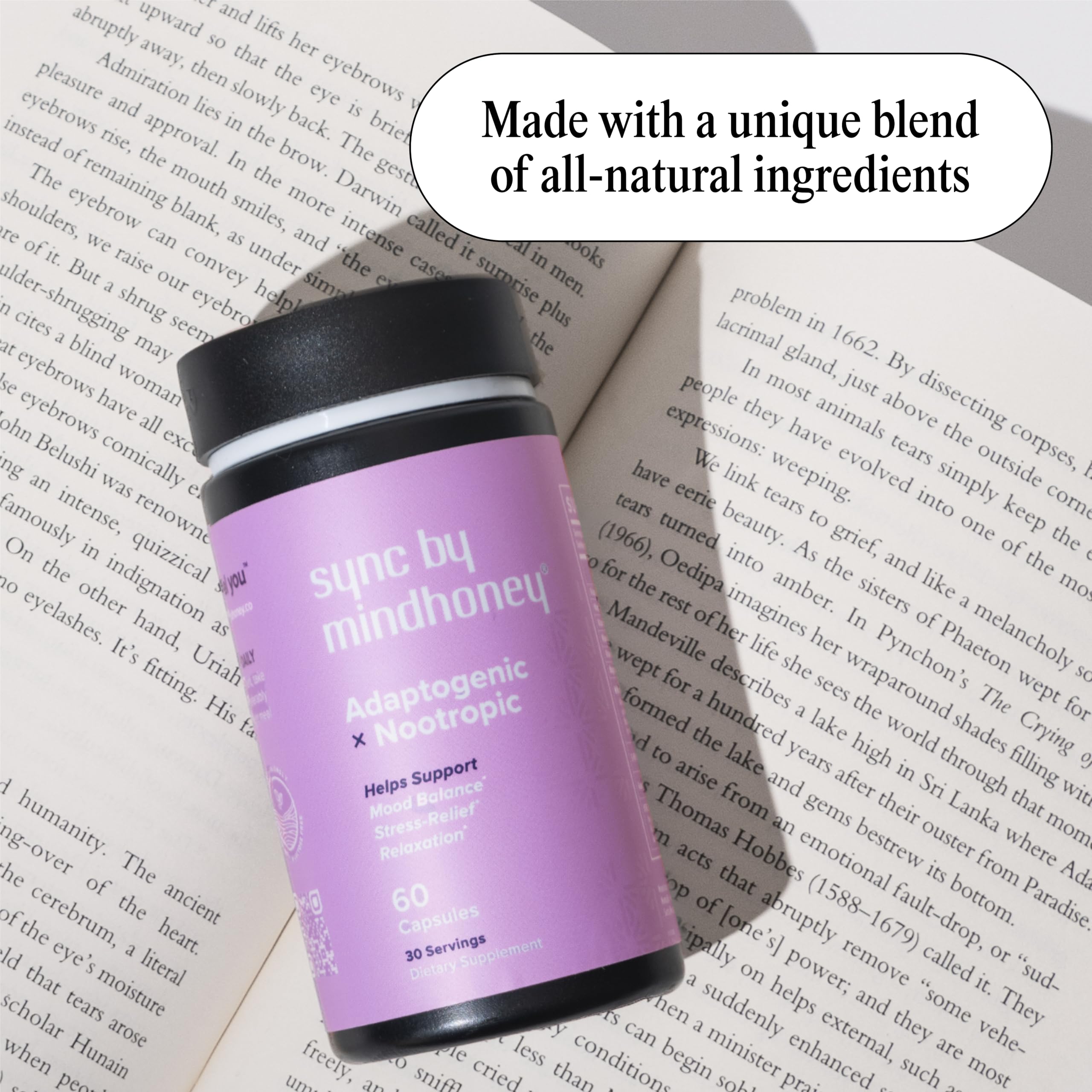 MINDHONEY SYNC ingredients label close-up highlighting adaptogens and minerals.
