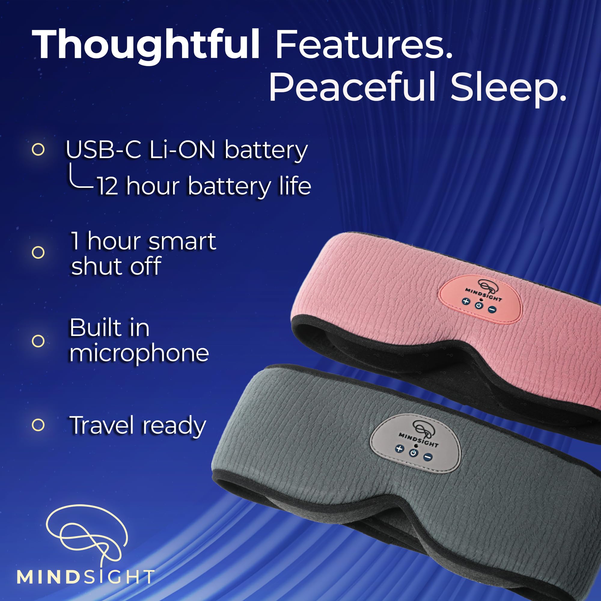 Mindsight DriftBand battery indicator close-up highlights up to 12 hours of playback