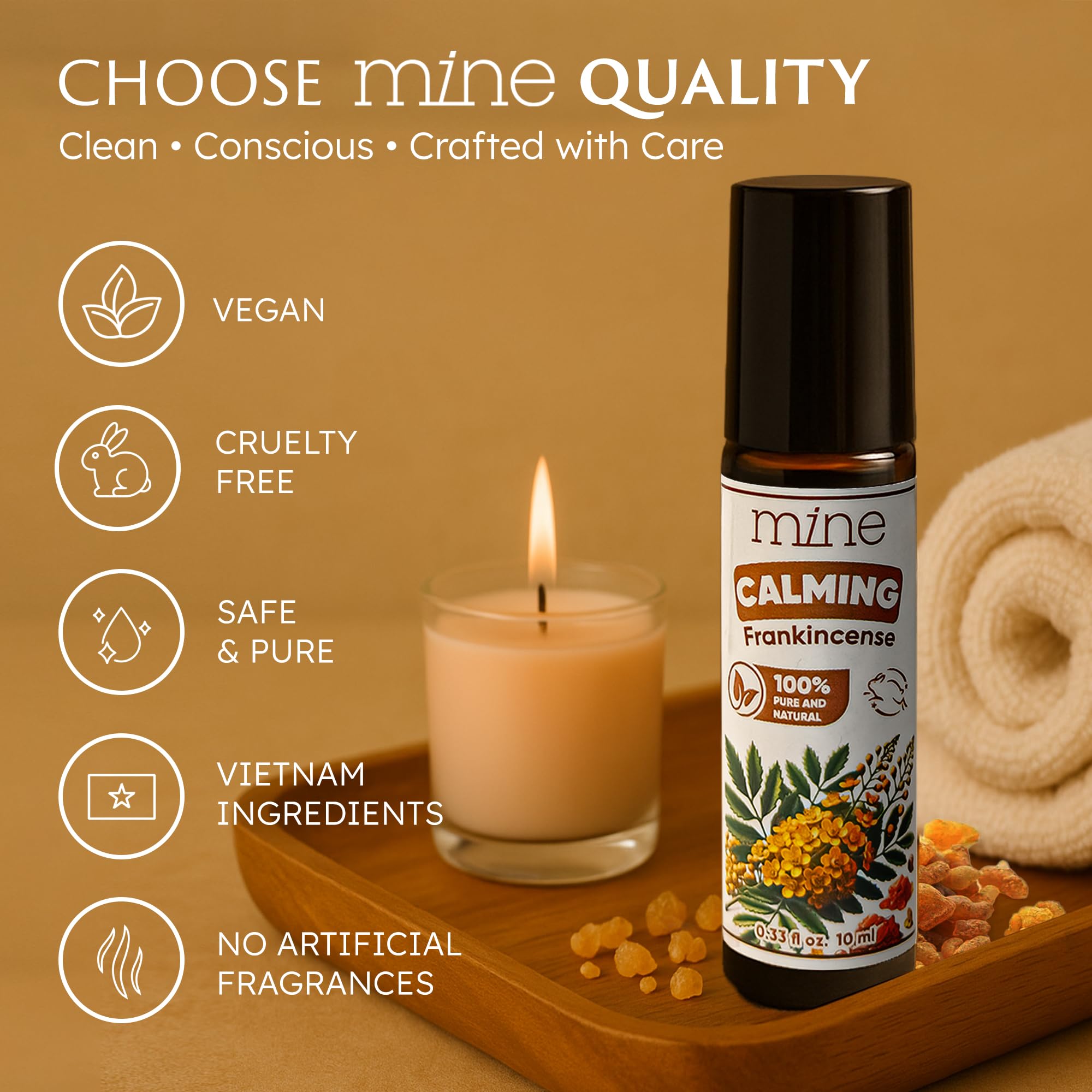 Mine Frankincense Roll On on skin application for temples or wrists.