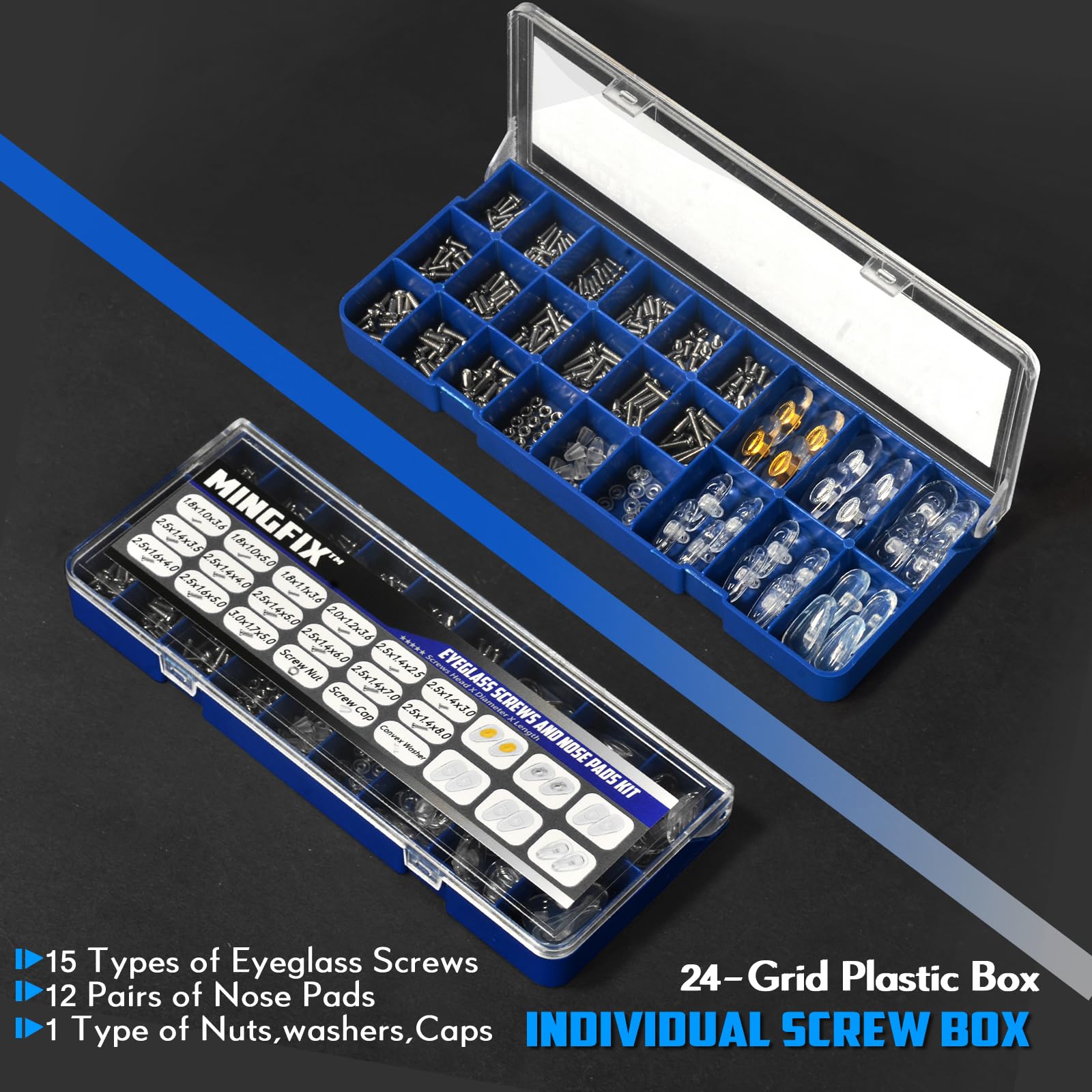 MINGFIX screw-in nose pads in multiple sizes support flexible frame fitting.