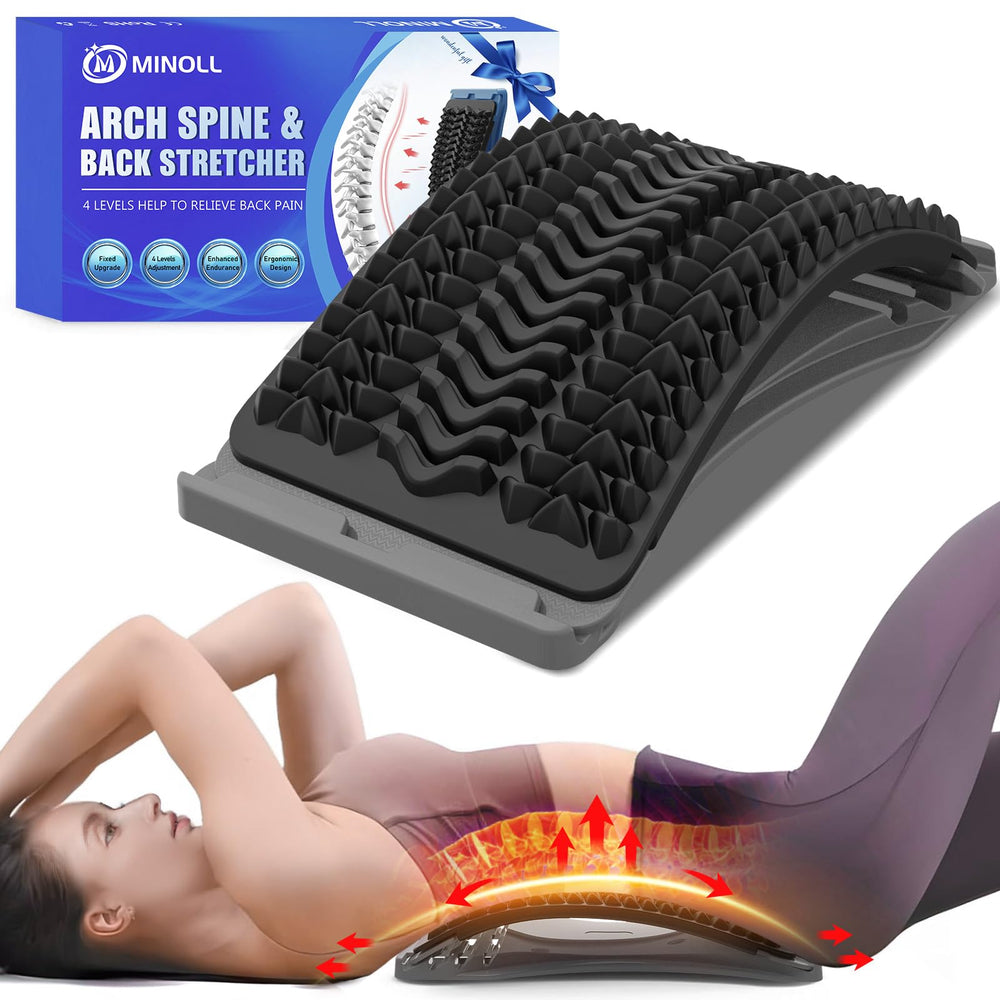 MINOLL back stretcher with arch levels for personalized lumbar relief at home.