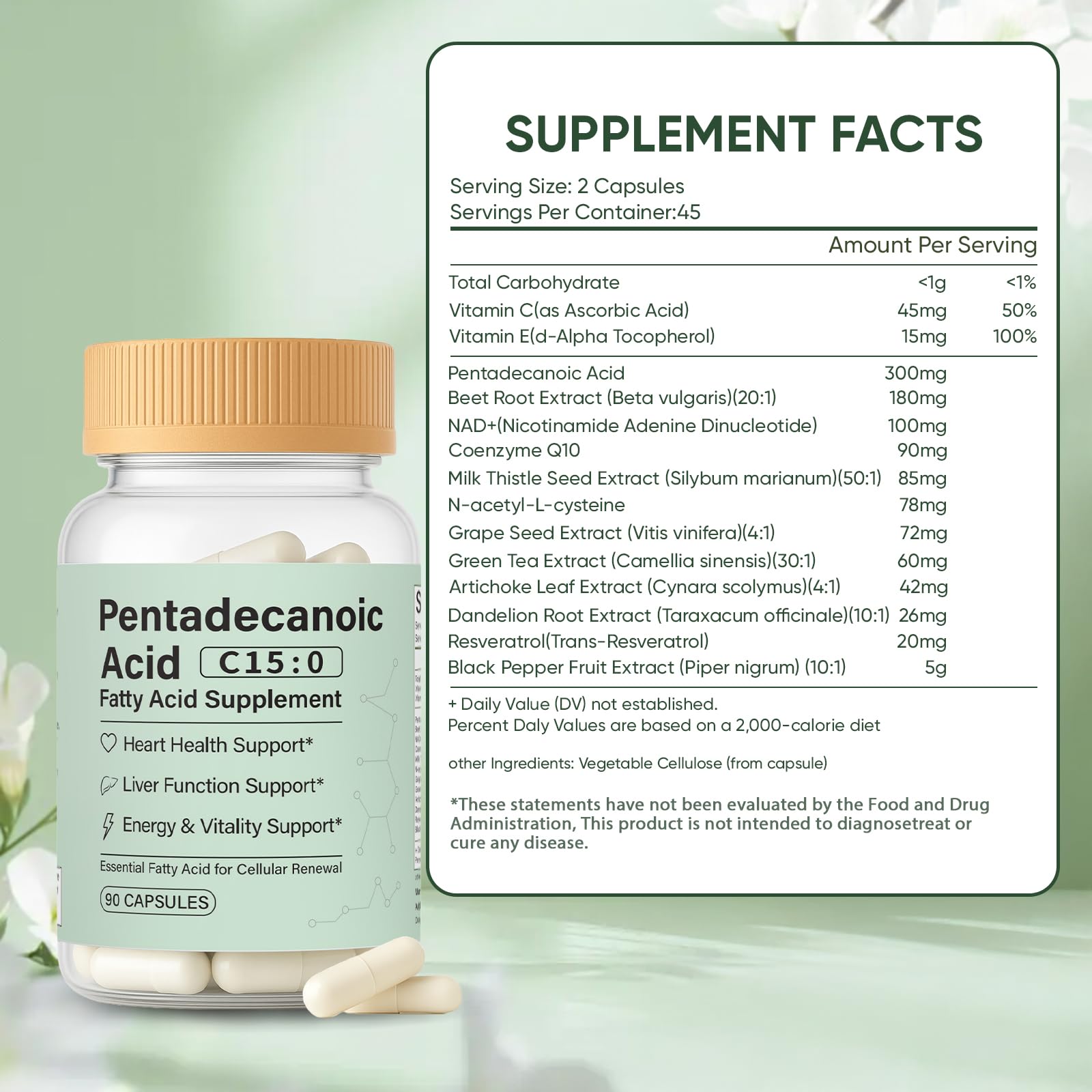 Minyang Pentadecanoic Acid Capsules close-up highlighting easy-to-swallow vegan capsule.