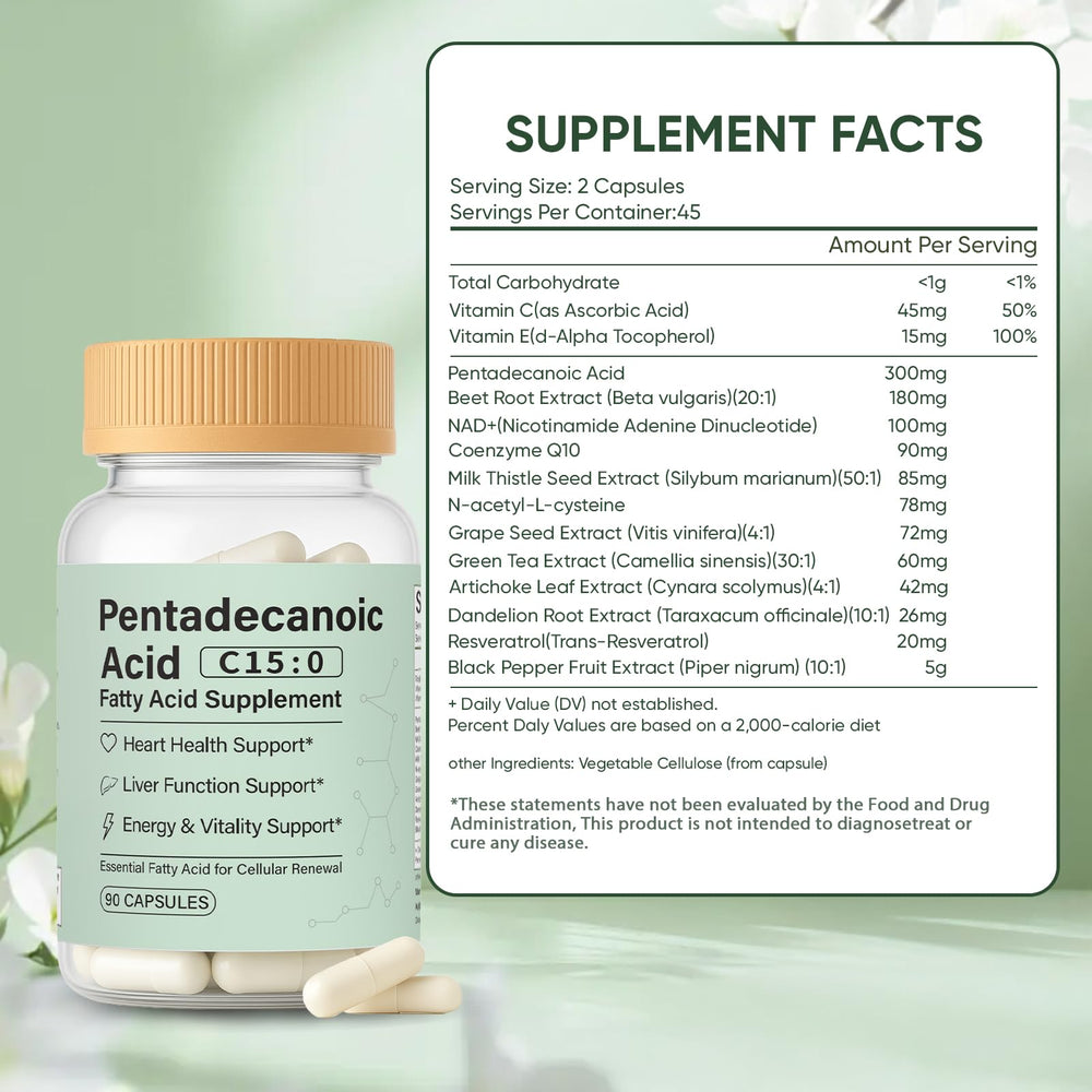 Minyang Pentadecanoic Acid Capsules close-up highlighting easy-to-swallow vegan capsule.