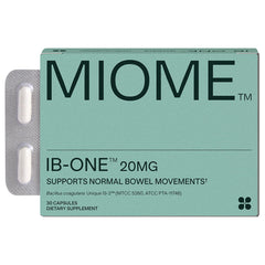 MIOME IB-ONE probiotic bottle highlights daily bowel support