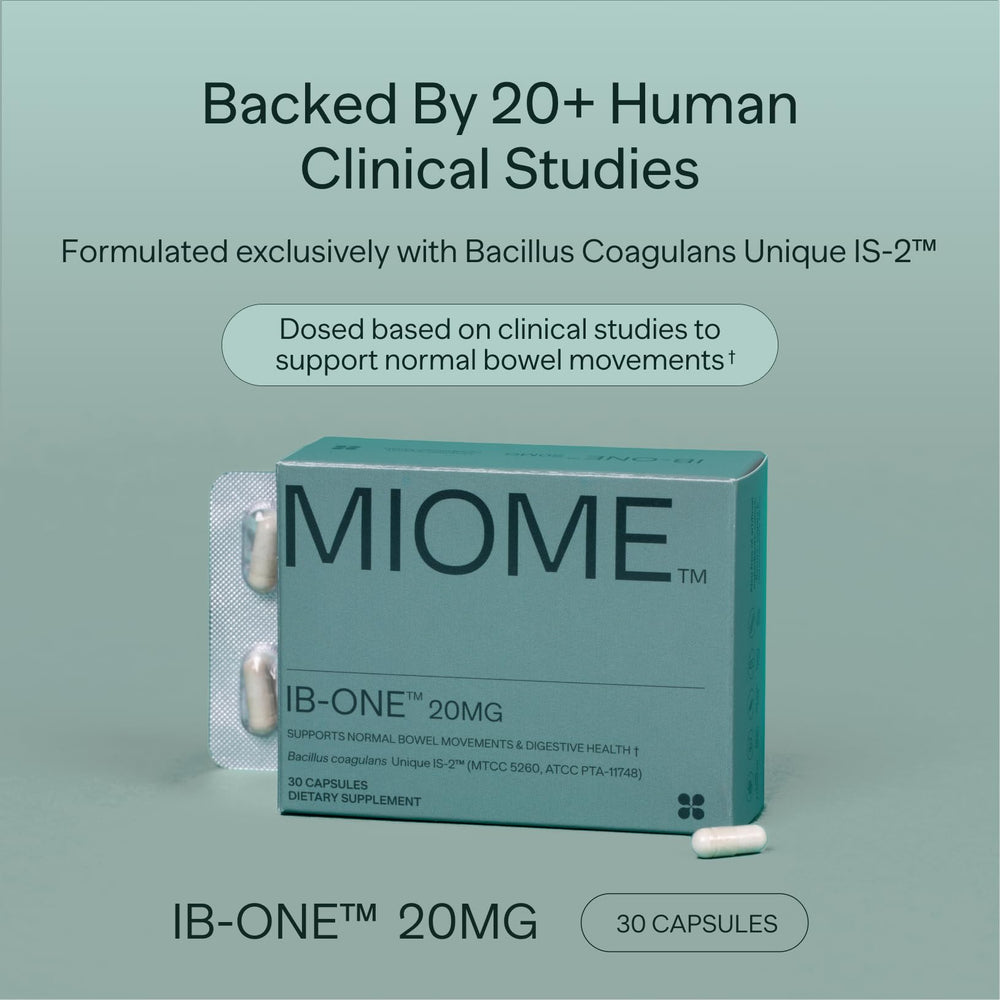 Close-up of MIOME IB-ONE label emphasizing clinically studied strain