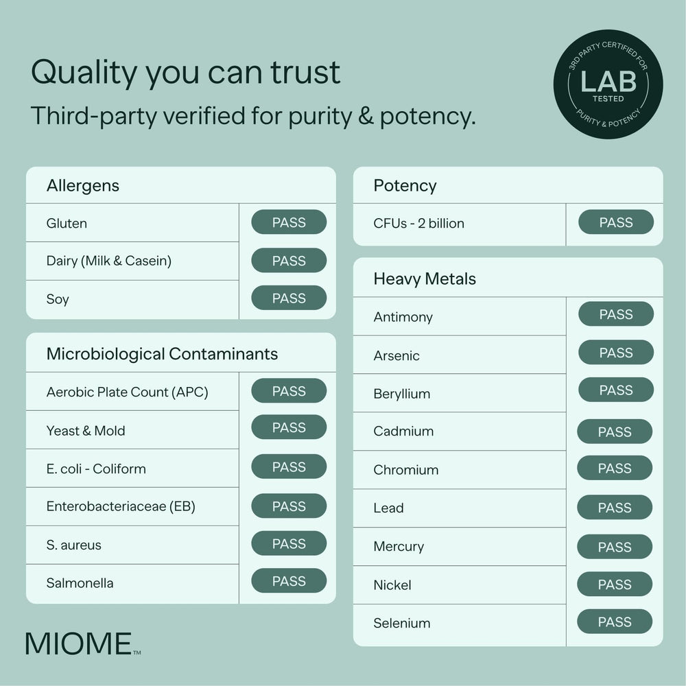 MIOME IB-ONE box displays vegan and gluten-free badges for sensitive diets