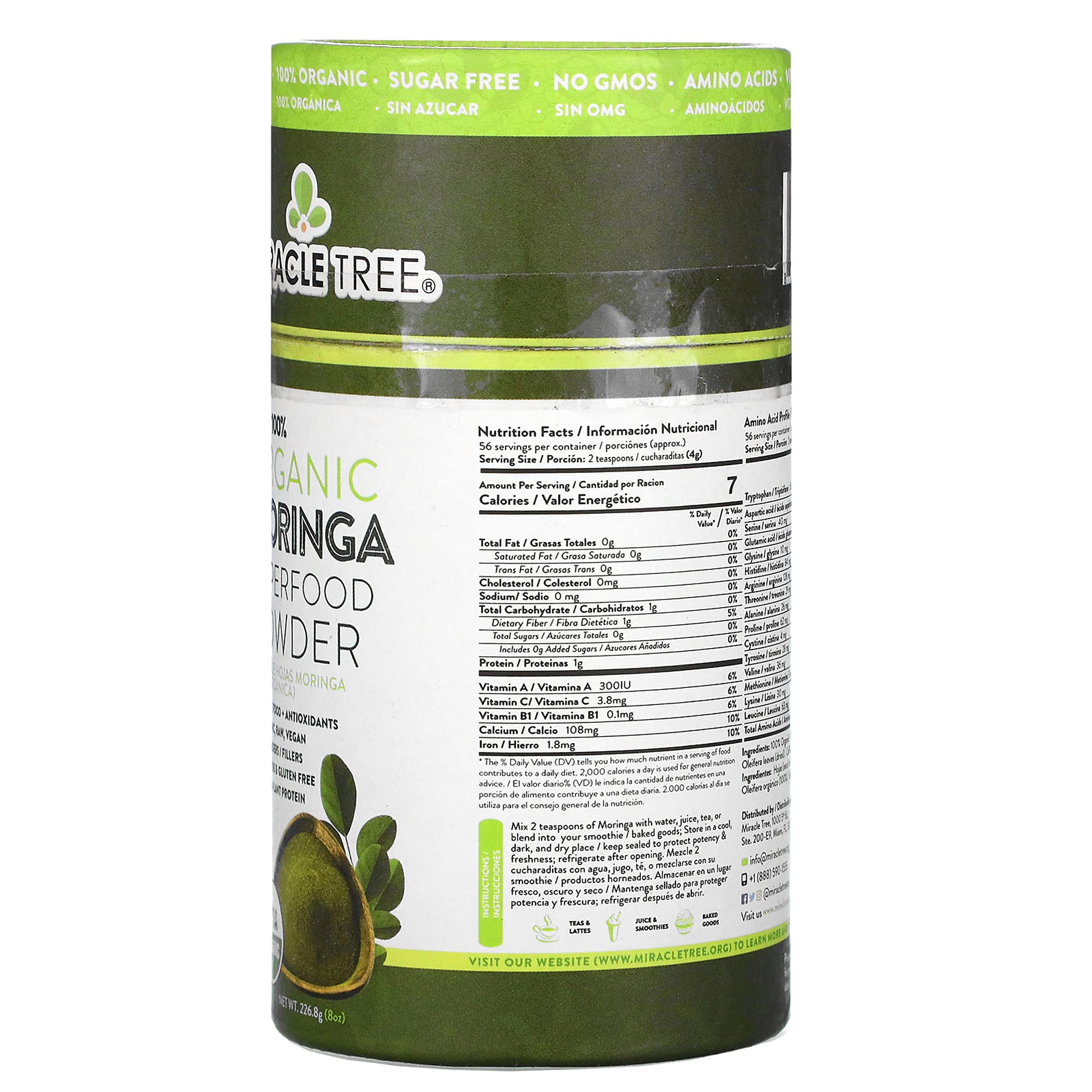 Miracle Tree organic certification label signaling vegan, Non-GMO quality.