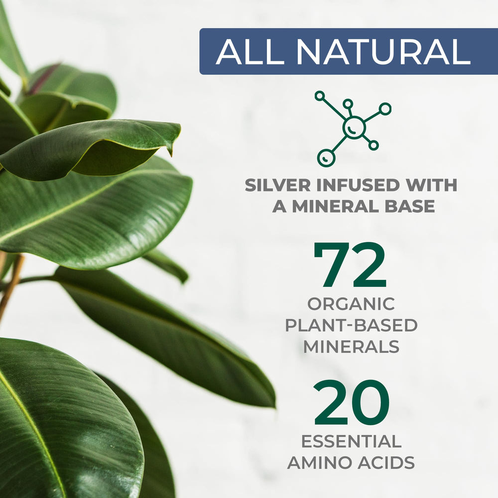 Miracles of Health colloidal silver bottle with minerals and amino acids promotes high bioavailability.