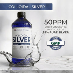 Miracles of Health colloidal silver label closeup shows 72 minerals and 50 ppm potency.