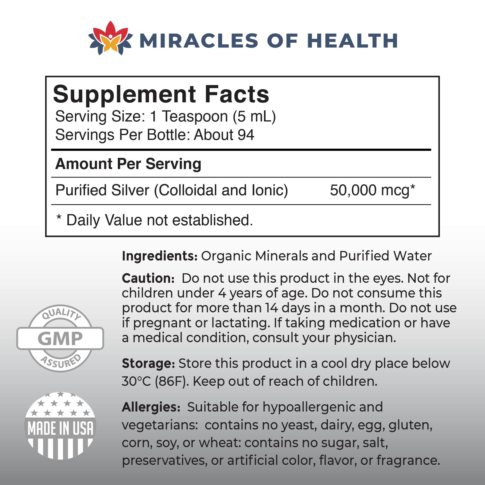 Miracles of Health colloidal silver bottle manufactured in USA under GMP.