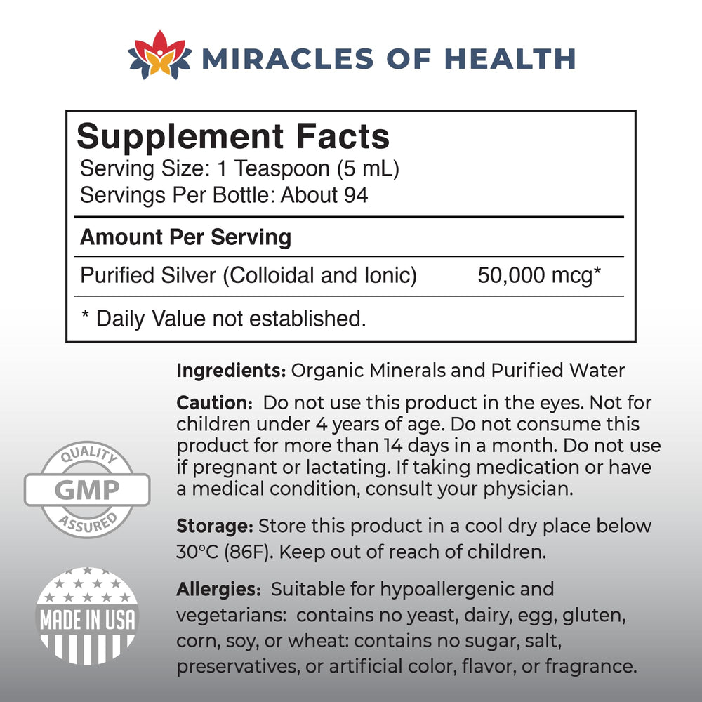 Miracles of Health colloidal silver bottle manufactured in USA under GMP.