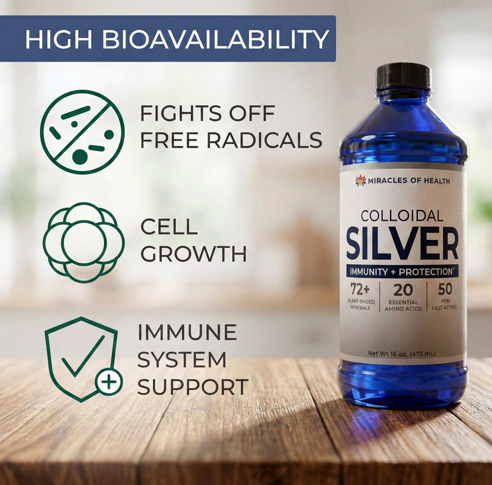 Pouring Miracles of Health colloidal silver into a glass for daily use.