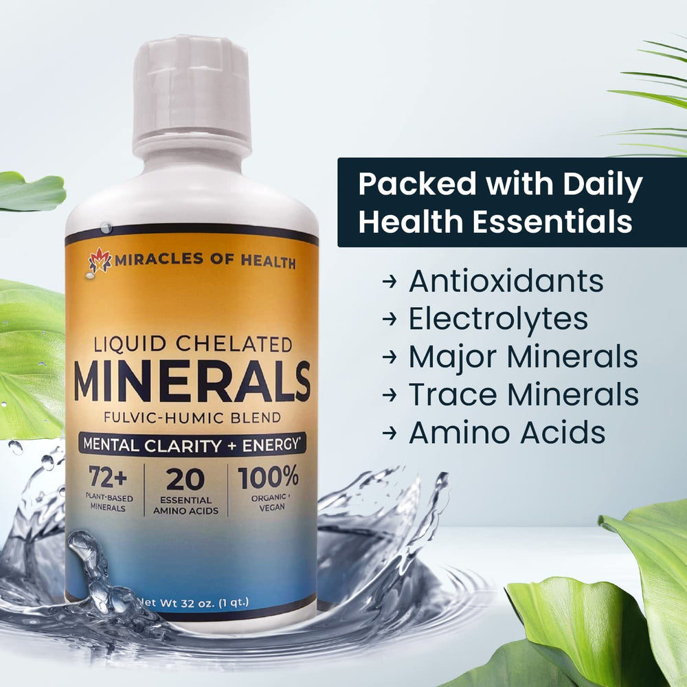 Miracles of Health label close-up showing fulvic chelation for better absorption.
