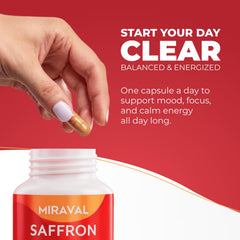 Miraval saffron bottle pour illustrating convenient, taste-free daily support.