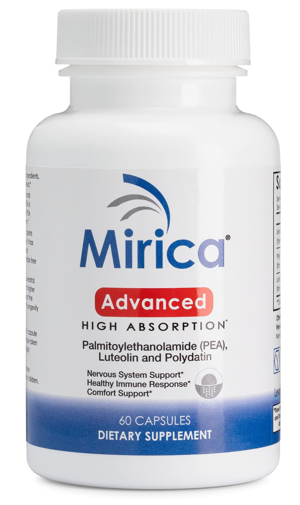Mirica Advanced bottle label highlights a high absorption PEA formula for nervous system support.