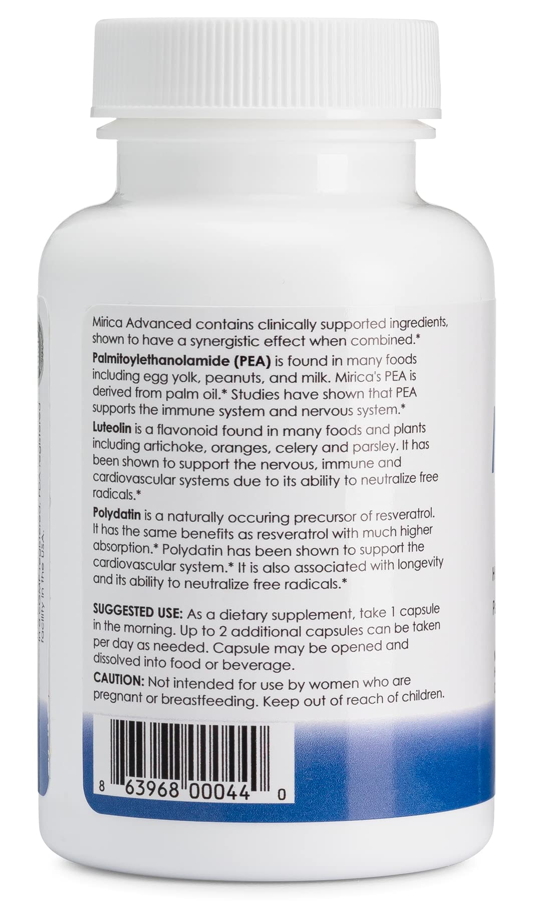 Mirica Advanced Levagen PEA visual emphasizes enhanced absorption and nervous system balance.
