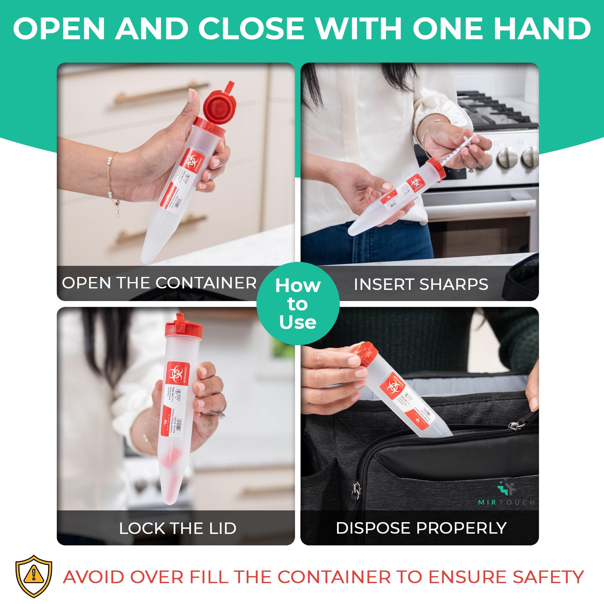 MirTouch Sharps-Shuttle translucent body shows fill level at a glance.