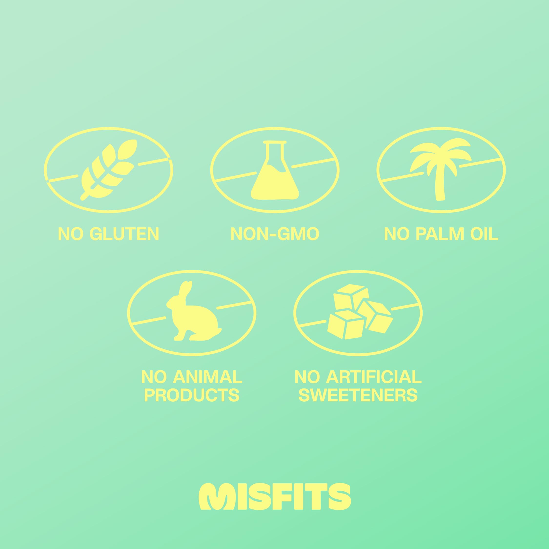 Misfits Mint Chocolate Chip bar packaging emphasizing gluten-free formula.