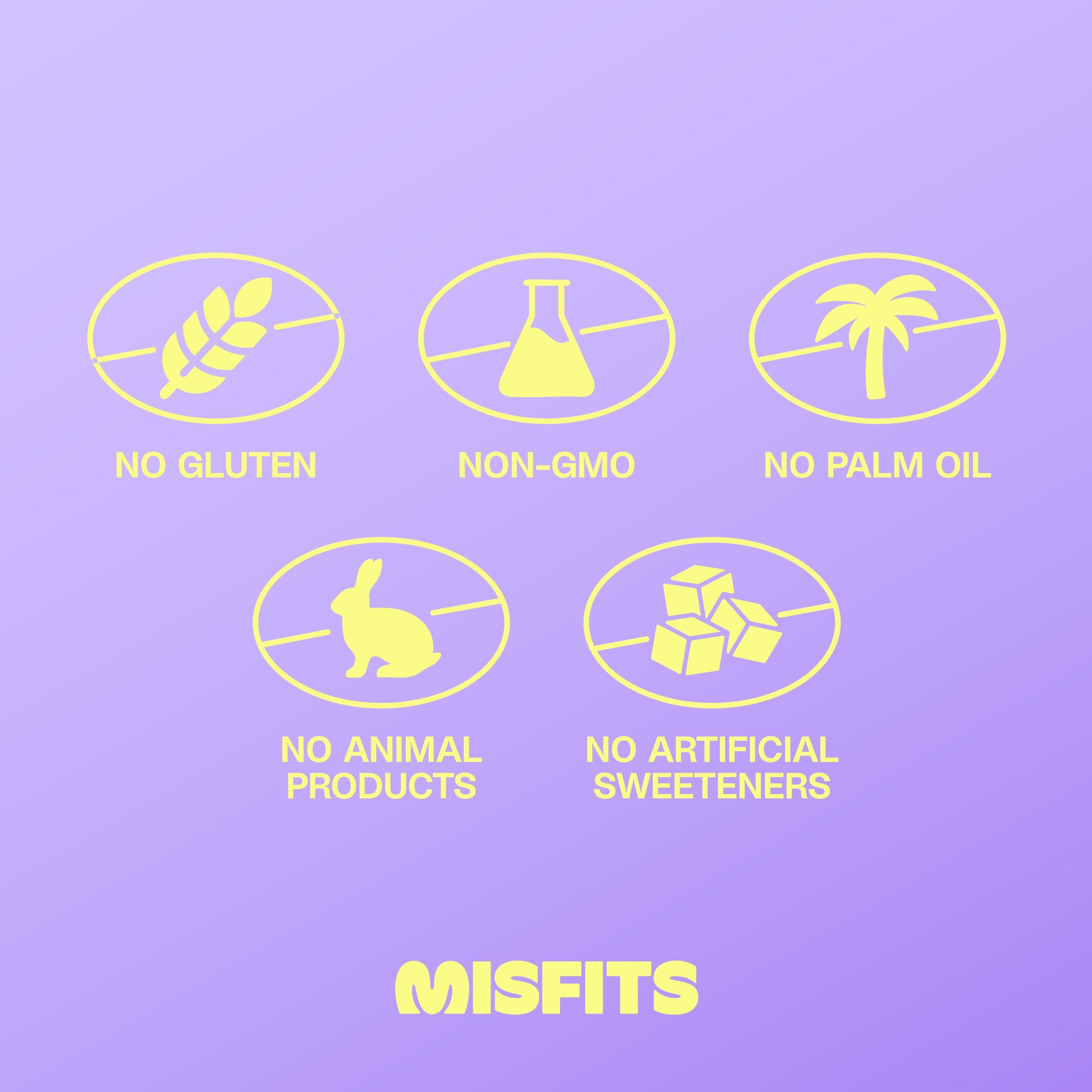 Misfits bar with chocolate coating demonstrates dairy-free indulgence with high protein content.
