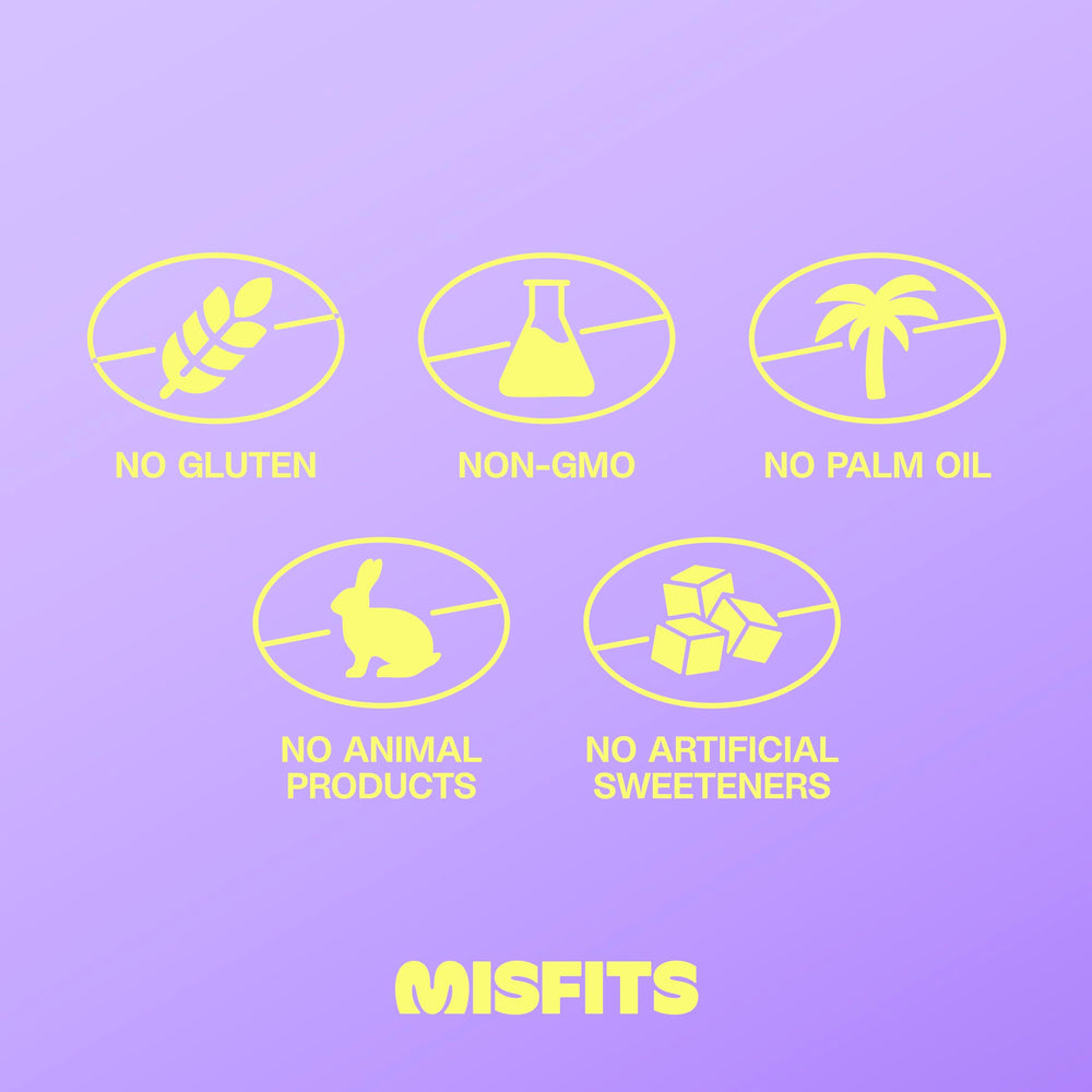 Misfits bar with chocolate coating demonstrates dairy-free indulgence with high protein content.