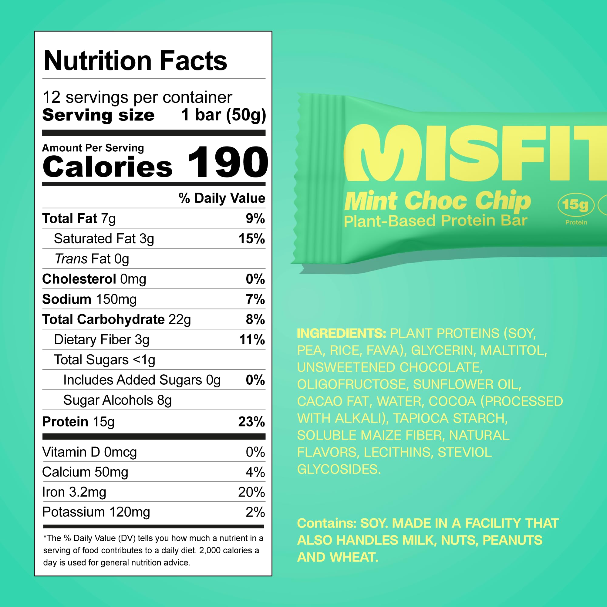 Cross-section of Misfits Mint Chocolate Chip bar highlighting the creamy mint center.