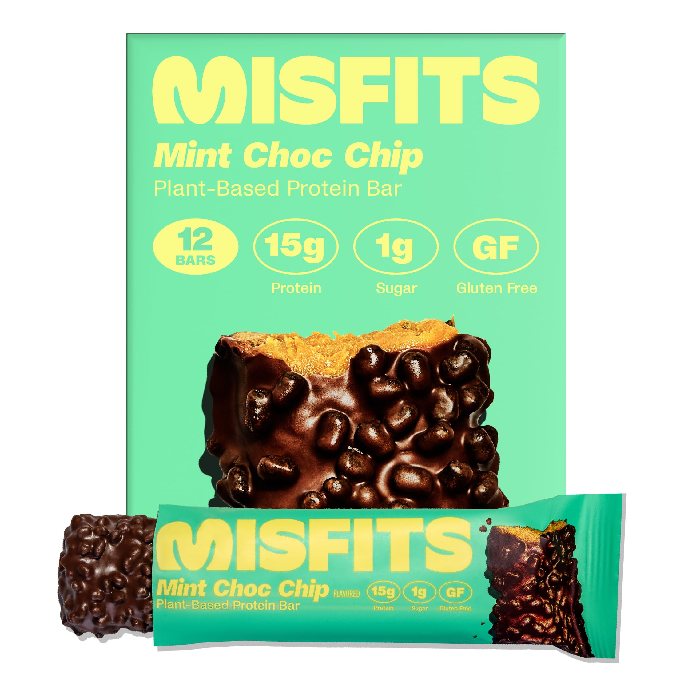 Misfits Mint Chocolate Chip bar pack shown for a plant-based protein snack on the go.