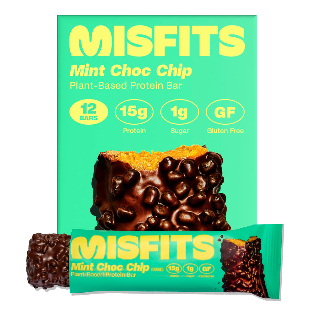 Misfits Mint Chocolate Chip bar pack shown for a plant-based protein snack on the go.