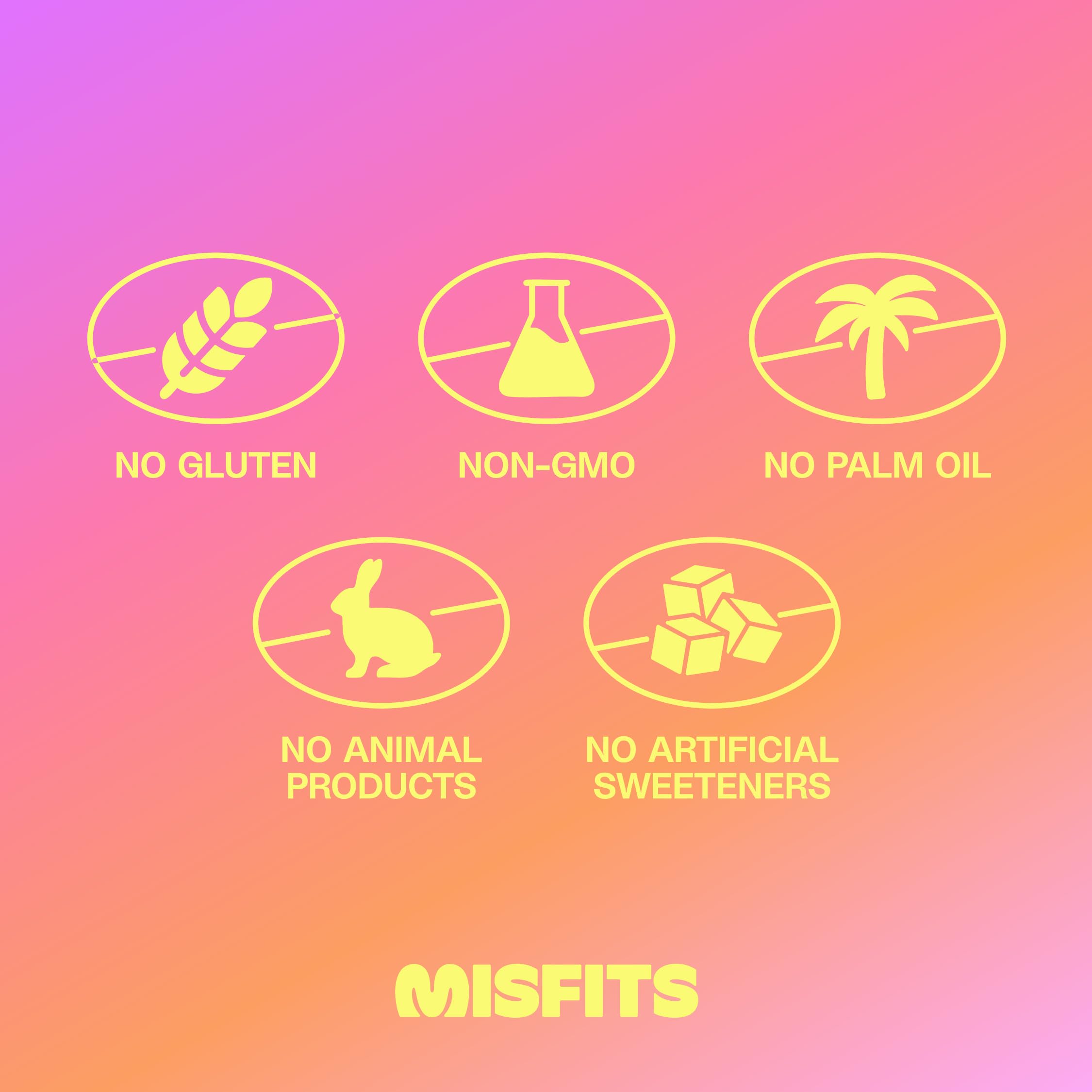 Misfits Protein Bar Gluten Free label shown for sensitive dietary needs.