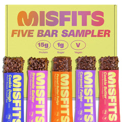 Misfits protein bar variety pack front view, five bars ready for on-the-go protein