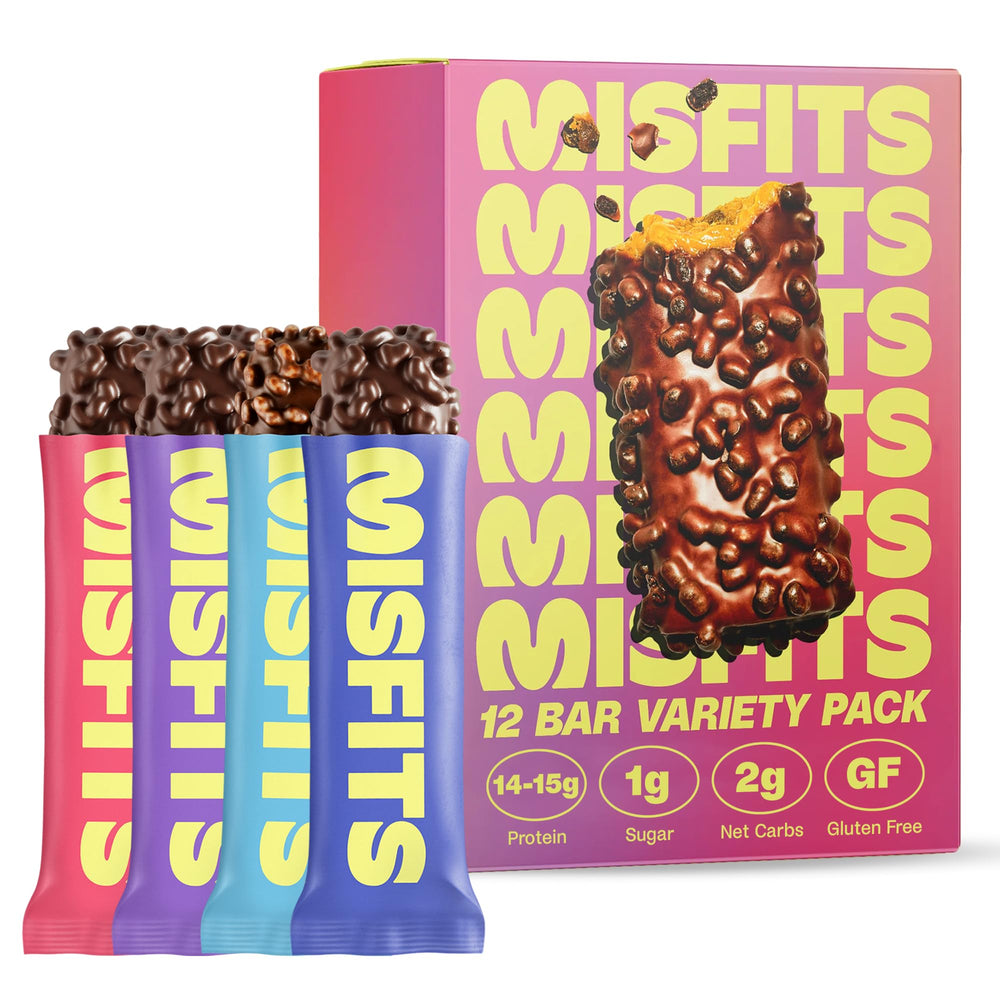 Misfits Protein Bar Variety Pack packshot highlighting gluten-free, non-GMO snack options.