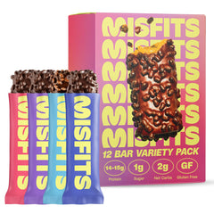 Misfits Protein Bar Variety Pack packshot highlighting gluten-free, non-GMO snack options.