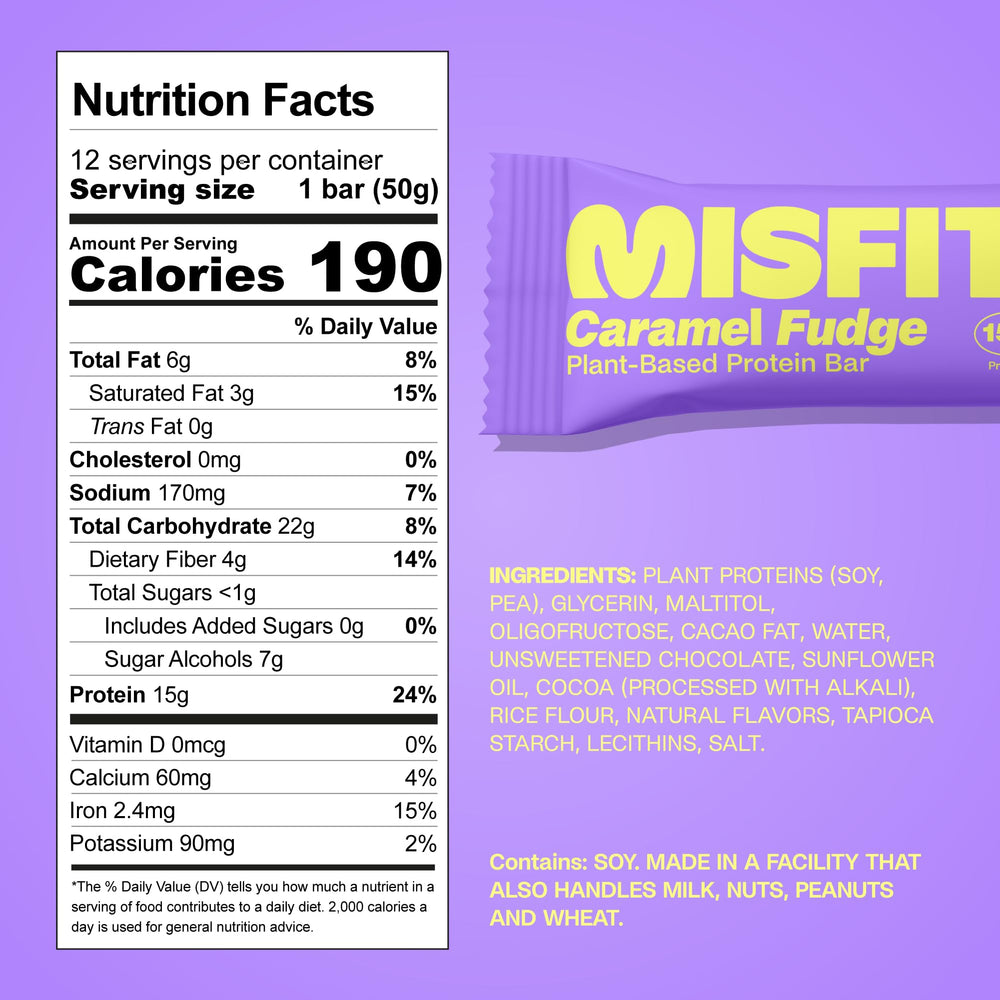 Misfits Sweet Caramel Fudge bar cross-section reveals fudgy center and caramel layer.