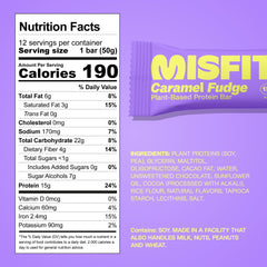 Misfits Sweet Caramel Fudge bar cross-section reveals fudgy center and caramel layer.