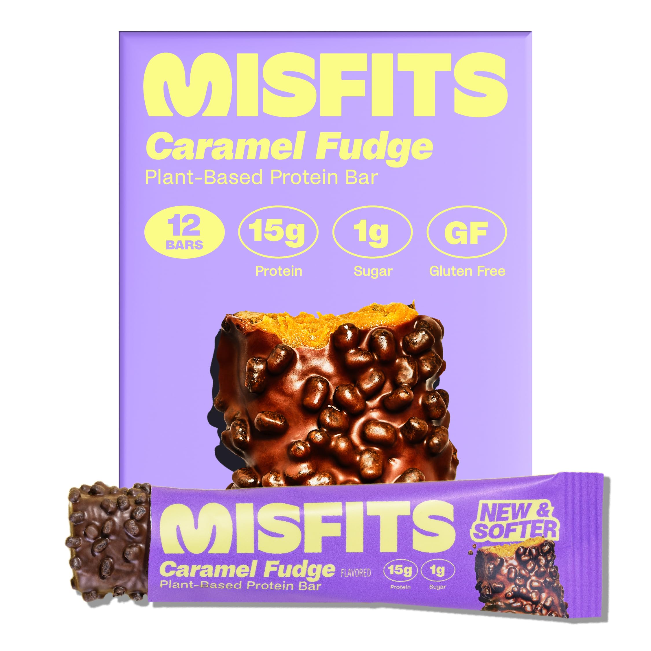 Misfits Sweet Caramel Fudge bar pack shot, a convenient protein snack for busy days.